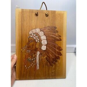 VINTAGE HAND PAINTED Indian Chief Carving on wood WALL PLAQUE 1982